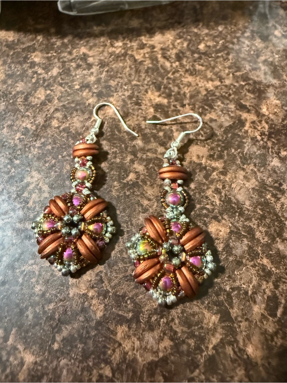 Copper-Tone Beaded Dangle Earrings with Pink Accents